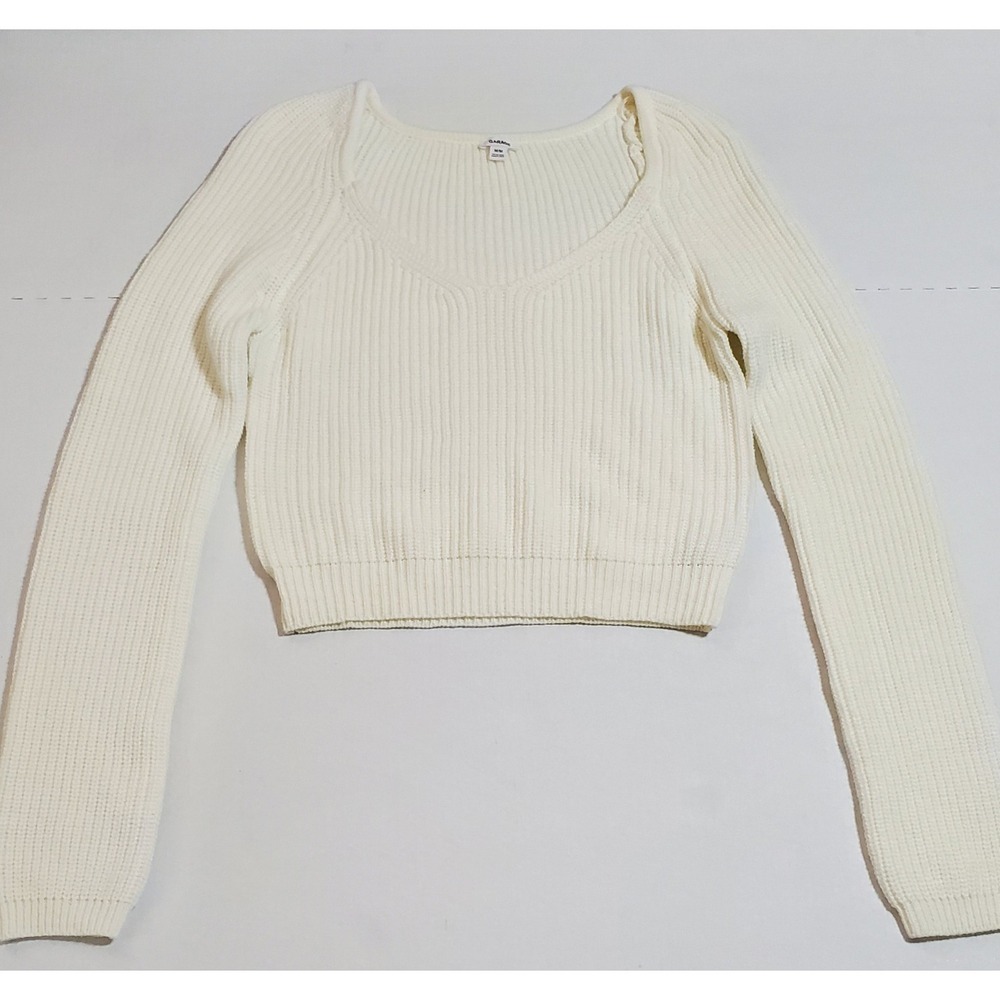 Garage‎ Cream Cropped Knit Sweater Long Sleeve Scoop Neck Ribbed Top - Picture 3 of 14